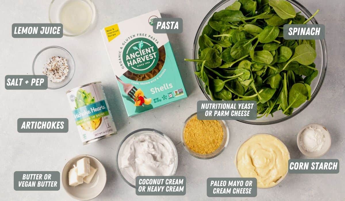 ingredients for healthy spinach artichoke pasta bake