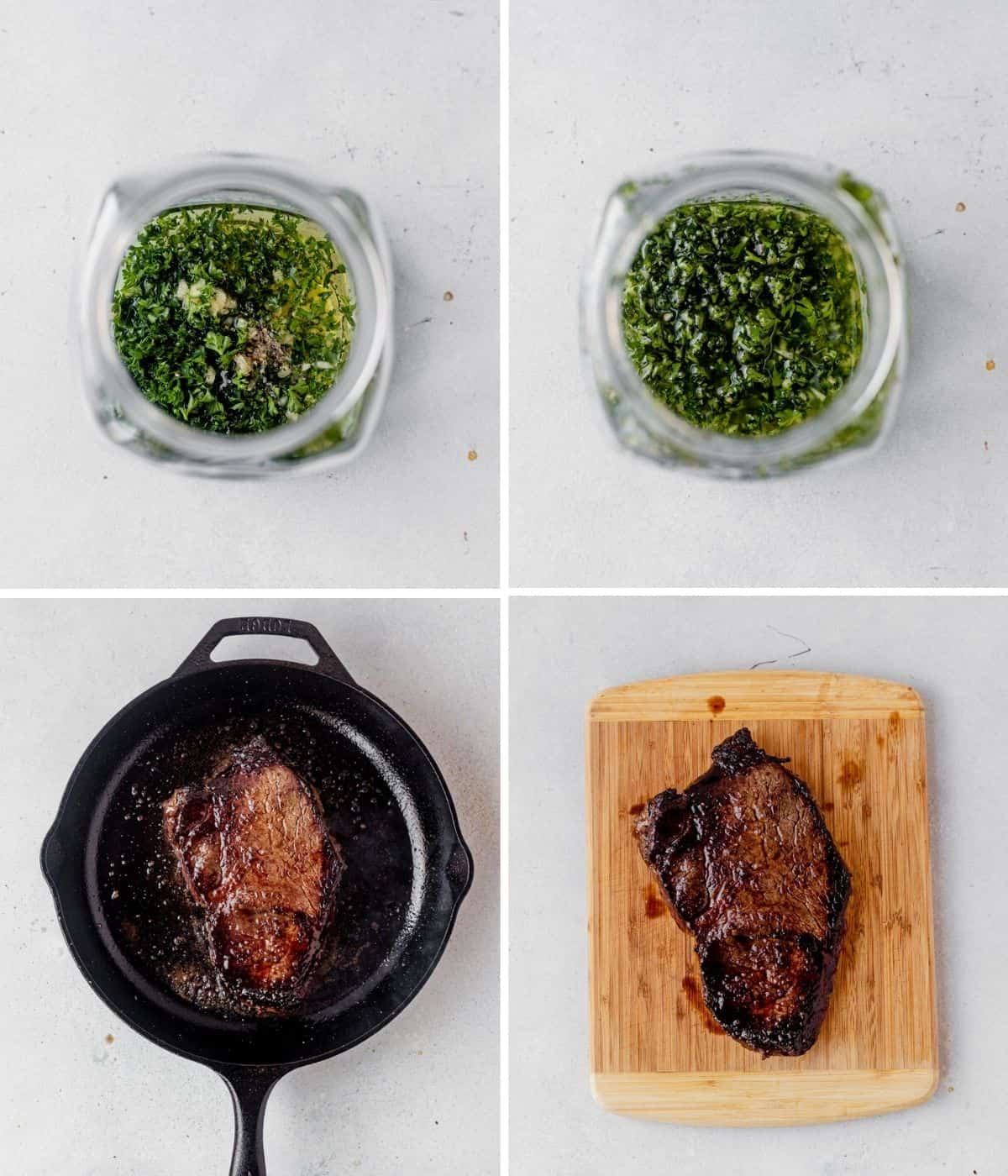step by step photos of how to make fresh herb dressing and sear steak for hash