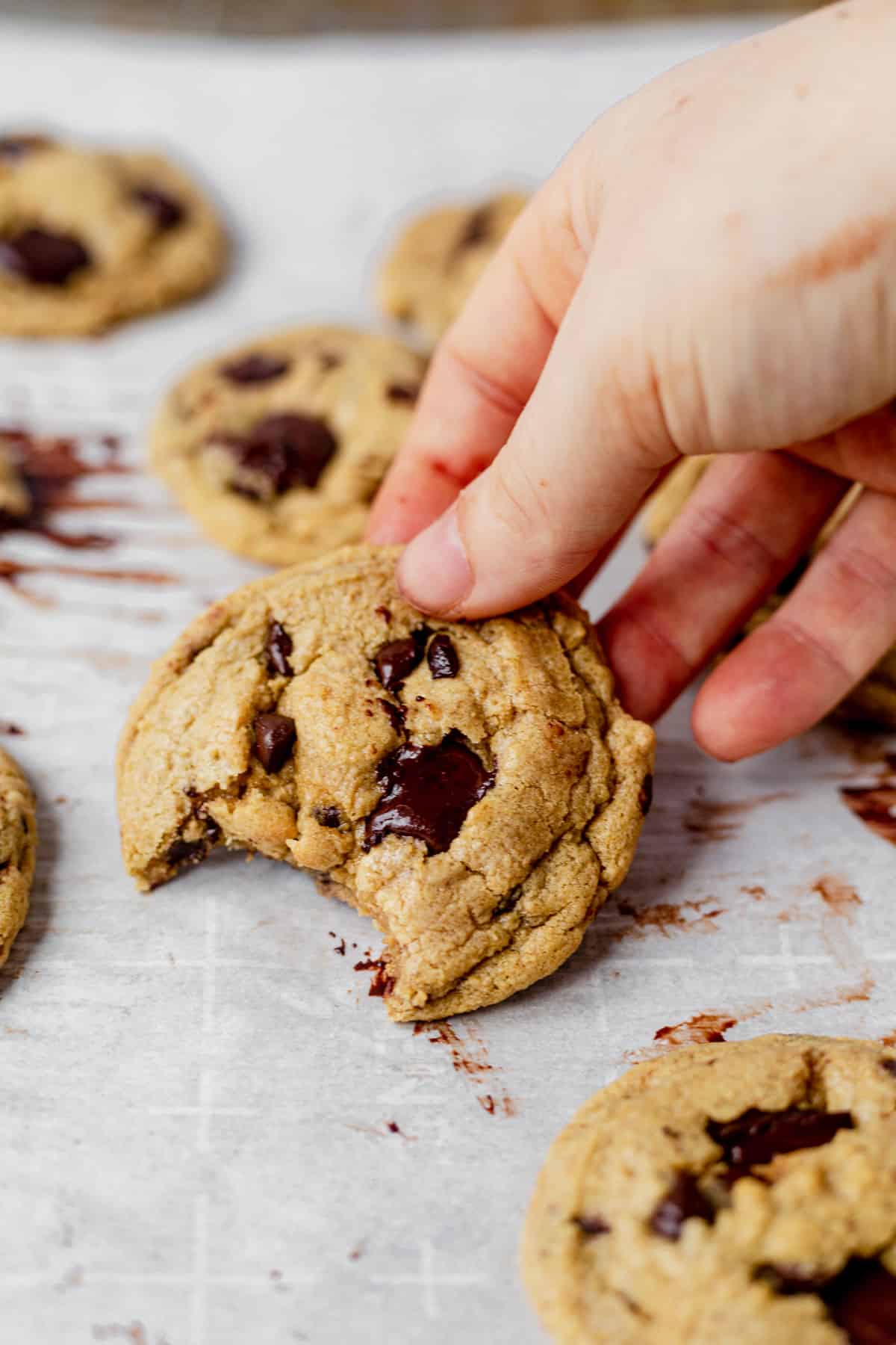 hand picking up an oat flour cookie from a tray