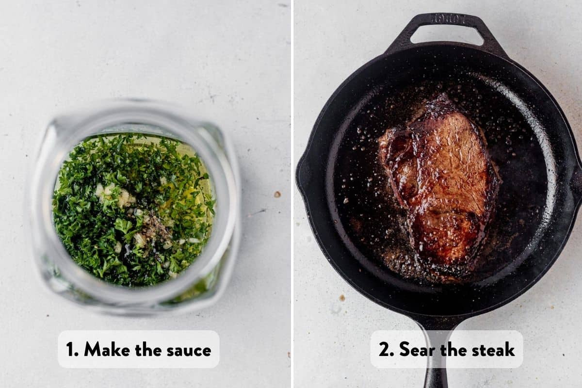 two images of fresh herb sauce in a glass and then seared steak in a skillet