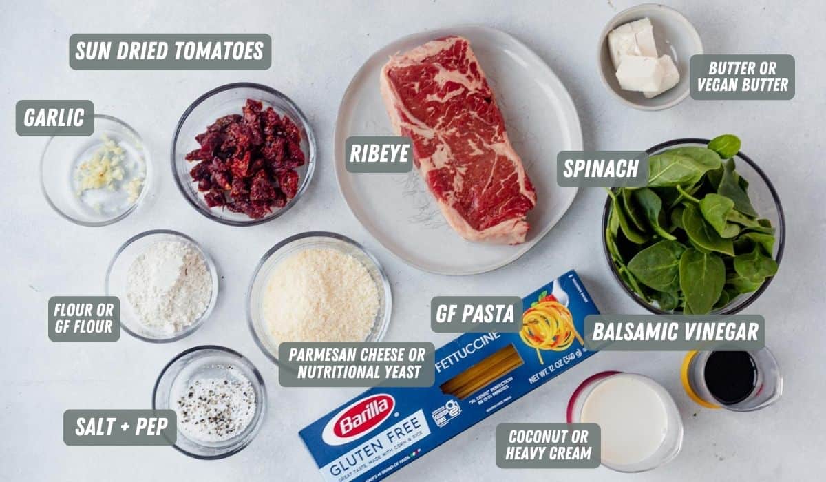 ingredients for creamy balsamic steak pasta