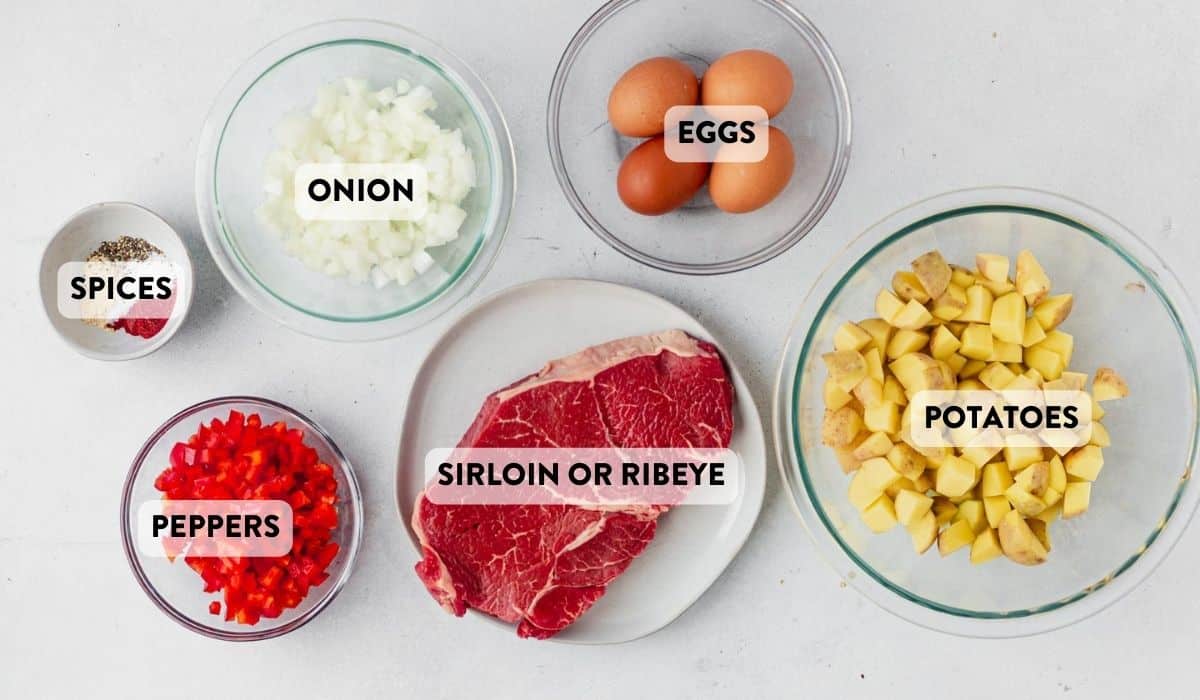 ingredients for steak egg and potato hash on a countertop