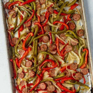 roasted sausage and peppers on a sheet pan