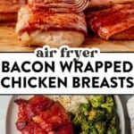 A pastry brush brushing glaze on bacon wrapped chicken breasts on a cutting board and then bacon wrapped chicken breasts on a plate with broccoli and mashed potatoes
