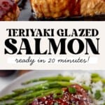 spoon drizzling teriyaki glaze over seared salmon and then a plate of teriyaki glazed salmon on a bed of rice and asparagus.