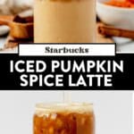 two images of an iced pumpkin spice latte and then stirring the pumpkin syrup into a latte.