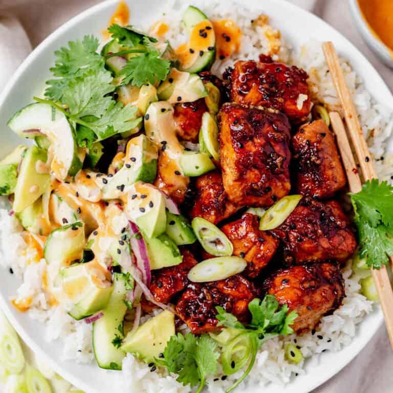 Honey Garlic Salmon Rice Bowl - What Molly Made