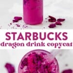starbucks copycat dragon drink in a tall glass with a straw sitting on a counter and then aerial view of starbucks copycat dragon drink and freeze dried strawberries
