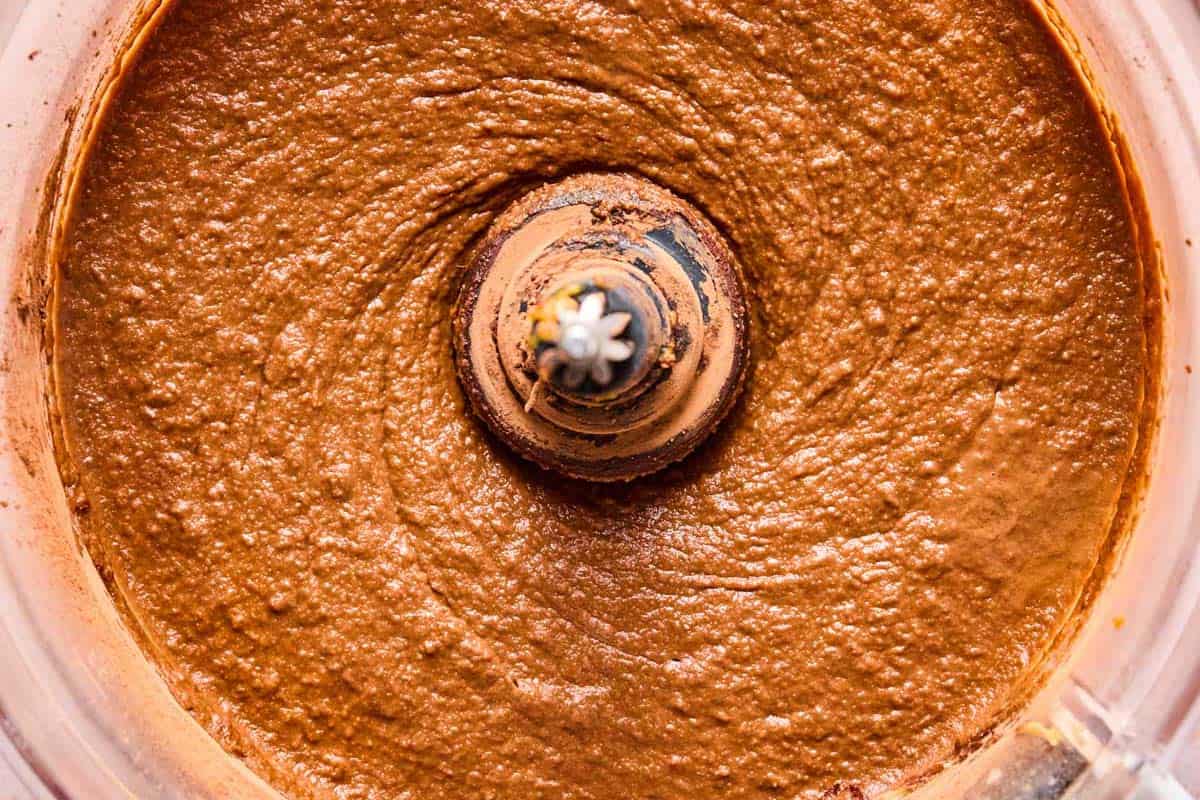 chocolate peanut butter cake frosting in a food processor.