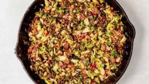 bacon and brussel sprout hash in a skillet