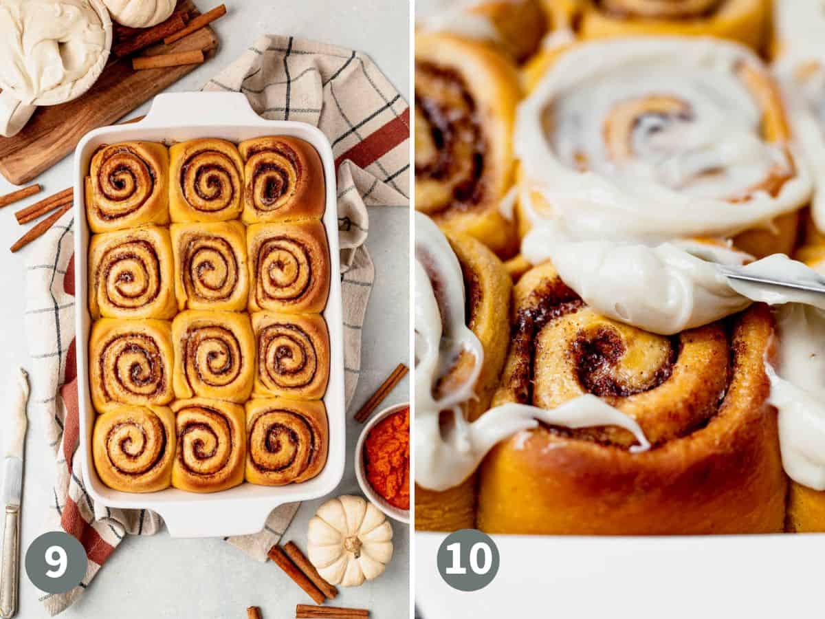 frosting warm pumpkin cinnamon rolls with cream cheese frosting