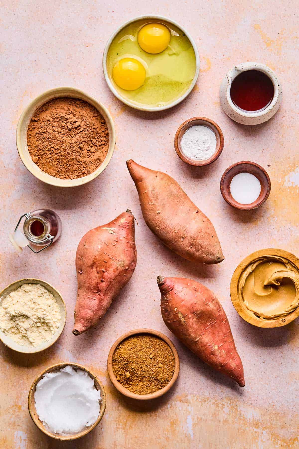 ingredients for sweet potato cake on a counter.