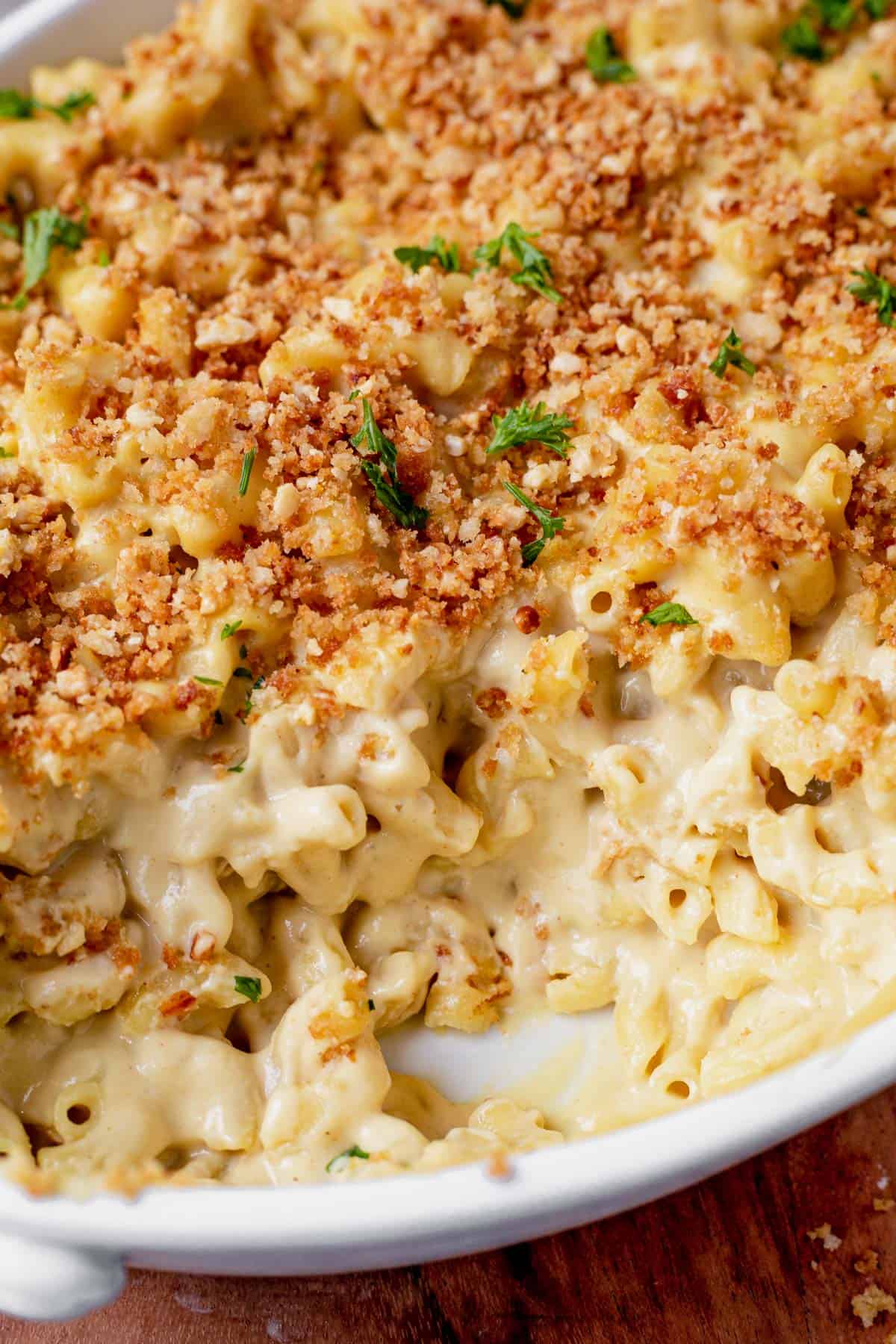 vegan baked mac and cheese in a casserole dish