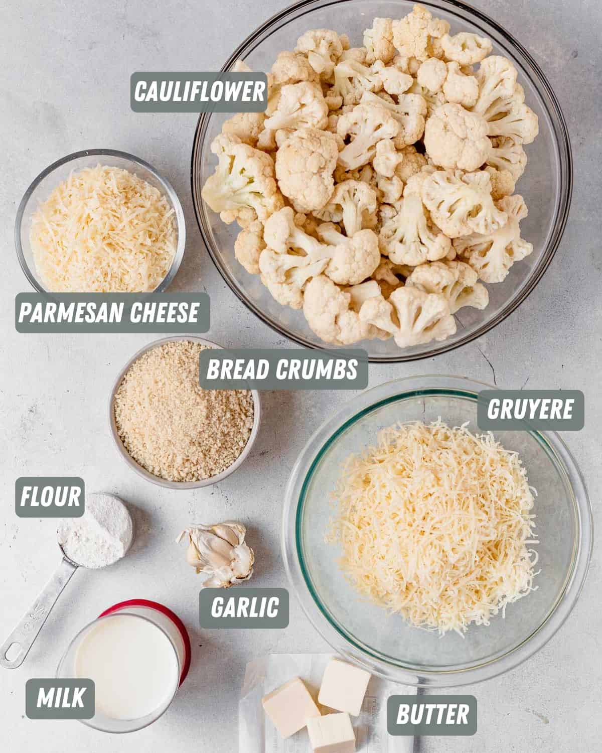 cauliflower, milk, cheese, garlic and flour