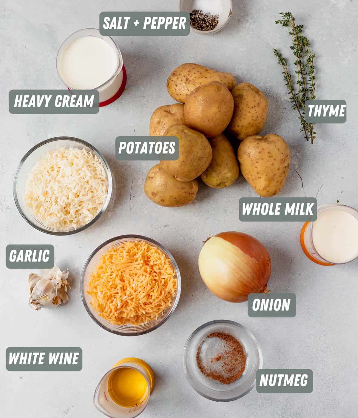potatoes, milk, cream, cheese, onion and herbs