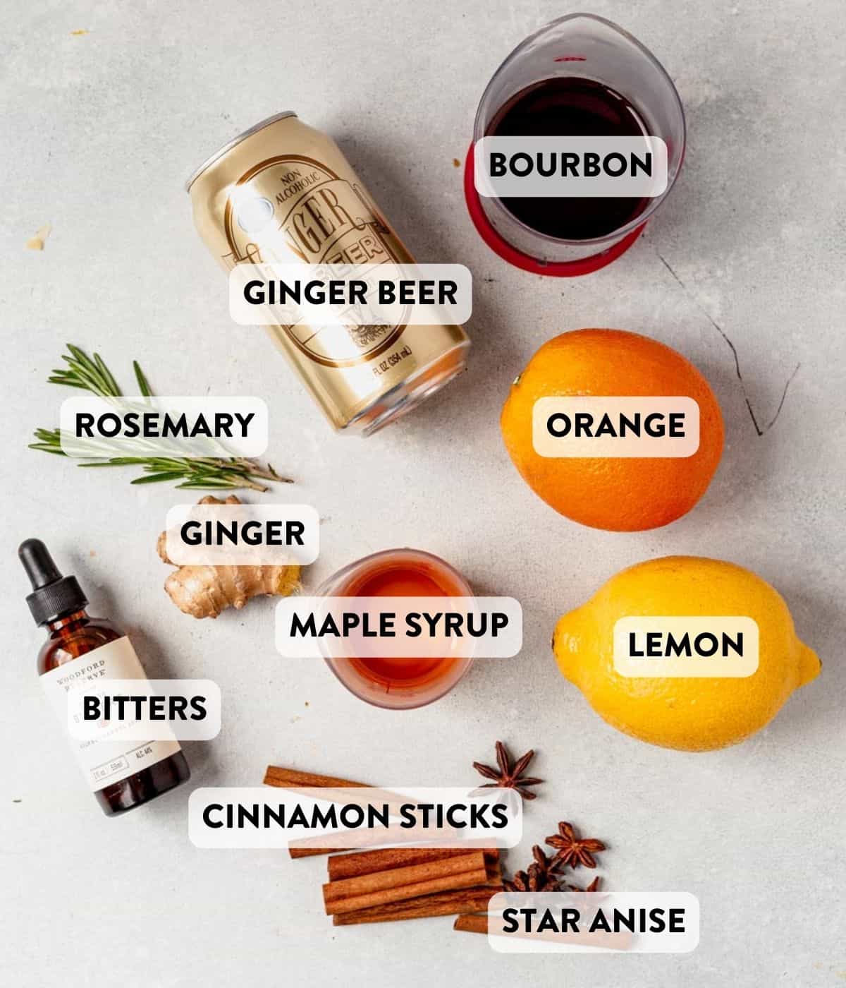 maple bourbon smash ingredients on a counter