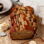 brown butter banana bread loaf sliced into pieces