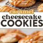 caramel cheesecake cookies stacked on a cooling rack and then a caramel cheesecake cookie with a bite taken out so you can see the cream inside.