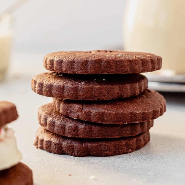 a stack of five chocolate shortbread cookies