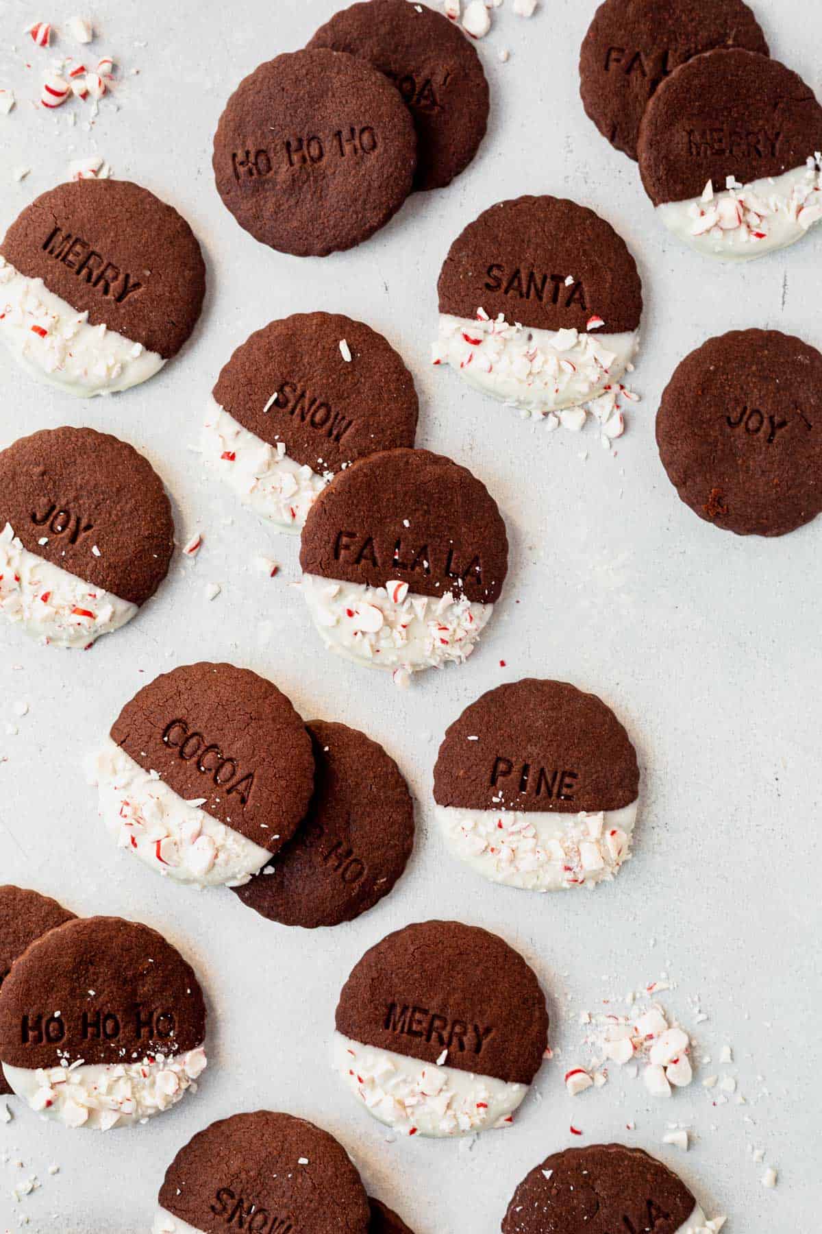 chocolate shortbread cookies dipped in white chocolate and peppermint