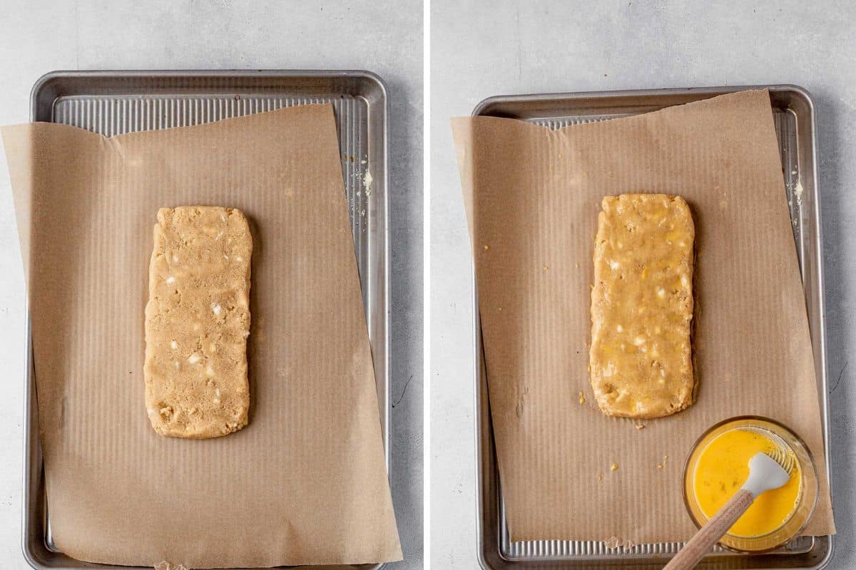 two images of gluten free biscotti dough shaped on a parchment lined baking sheet and then the dough covered in egg was