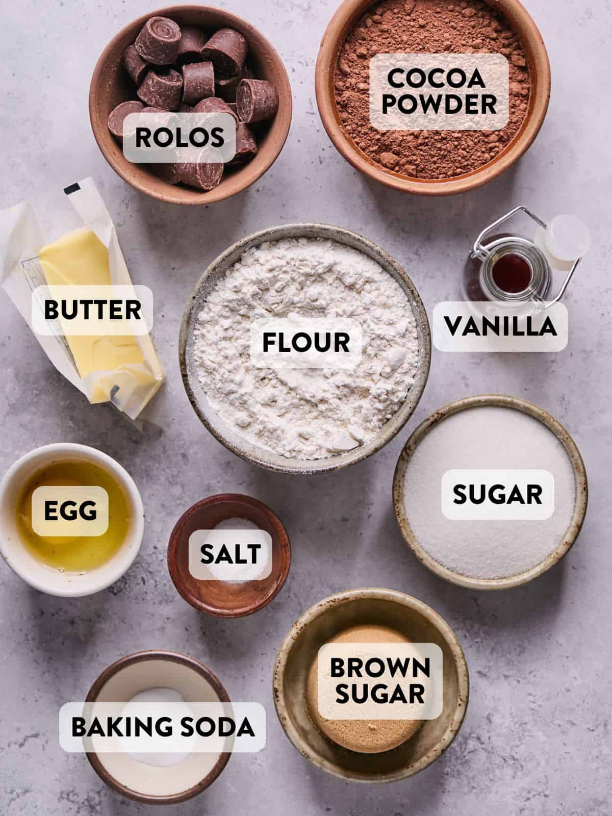 rolo cookie ingredients on a countertop.