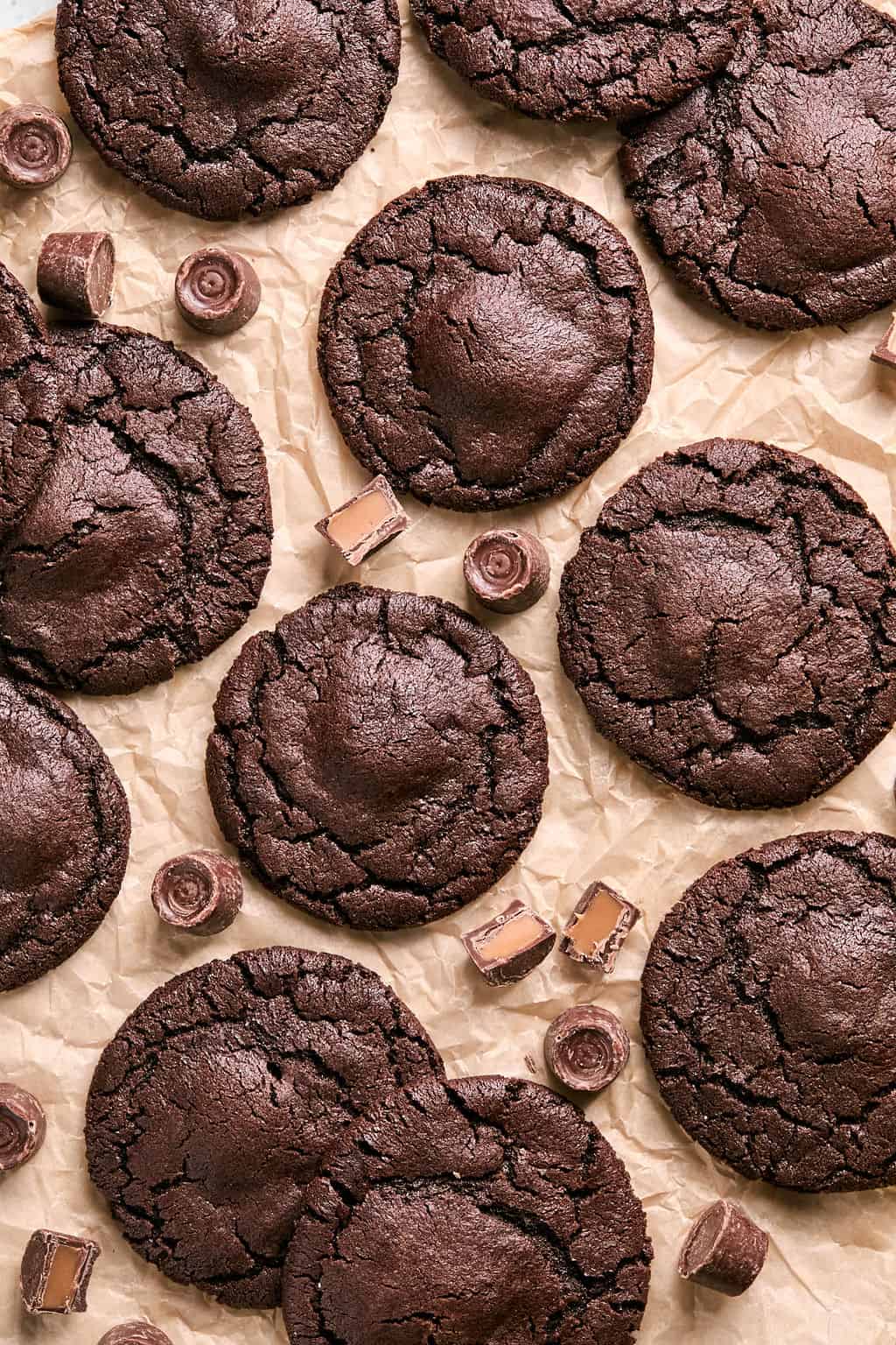 rolo cookies cooling on parchment paper.