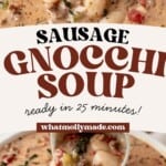 spoon picking up a bite of sausage gnocchi soup and then a ladle of sausage gnocchi soup over a pot of soup