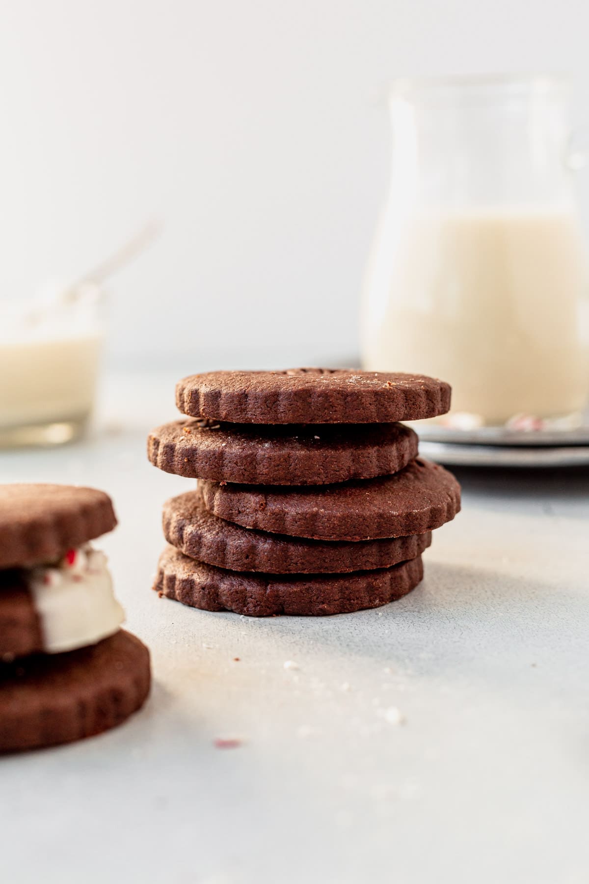 six chocolate shortbread cookies stacked