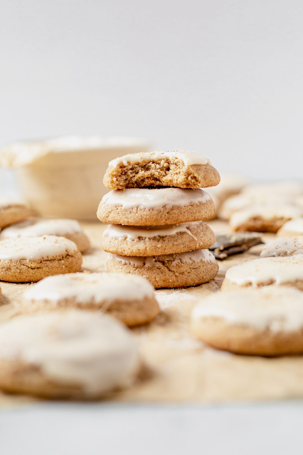a stack of taylor swift chai cookies with eggnog icing