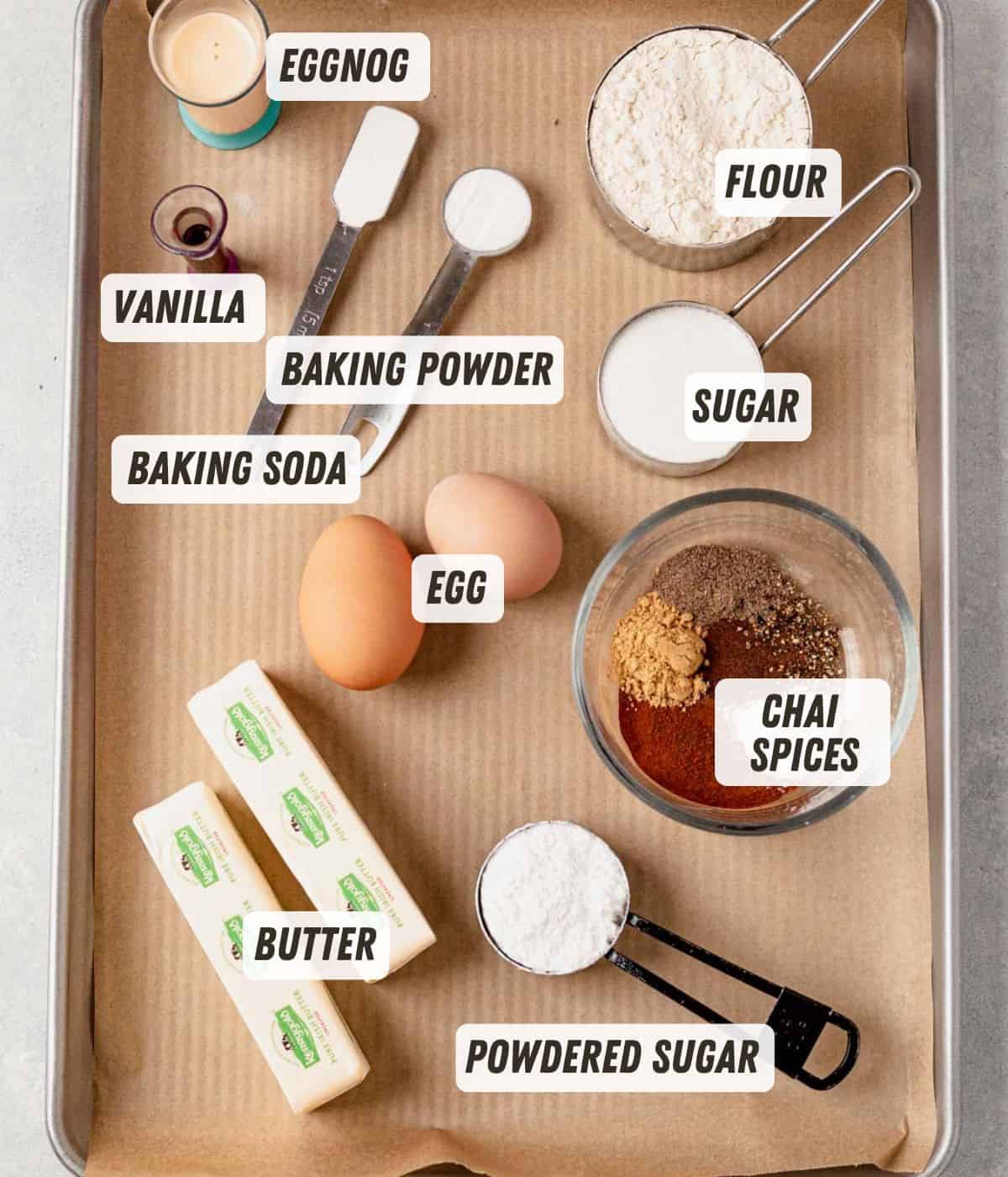 sugar cookie ingredients with chai spices and eggnog