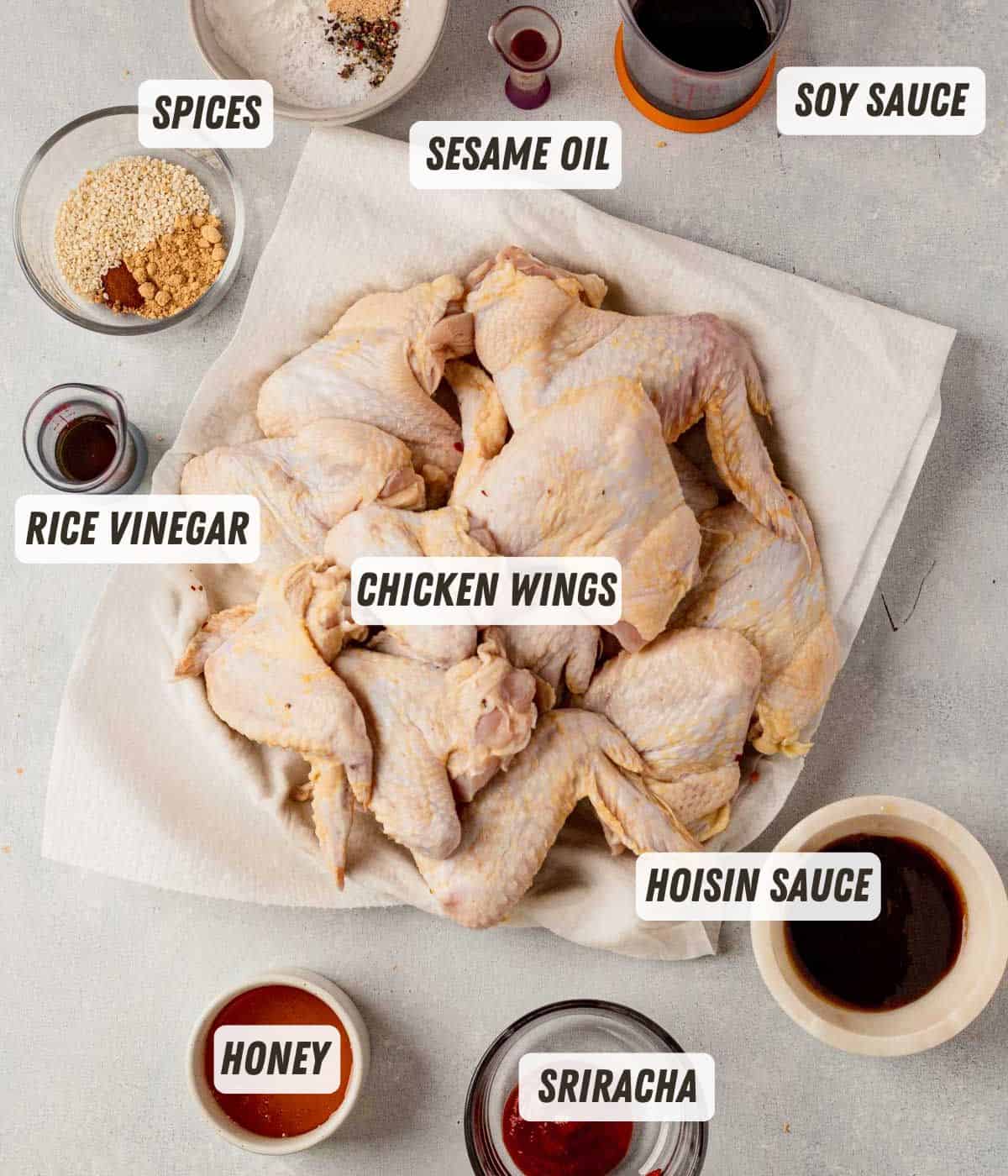 ingredients for asian chicken wing recipe on a countertop
