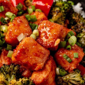 air fryer salmon bites with veggies and green onions
