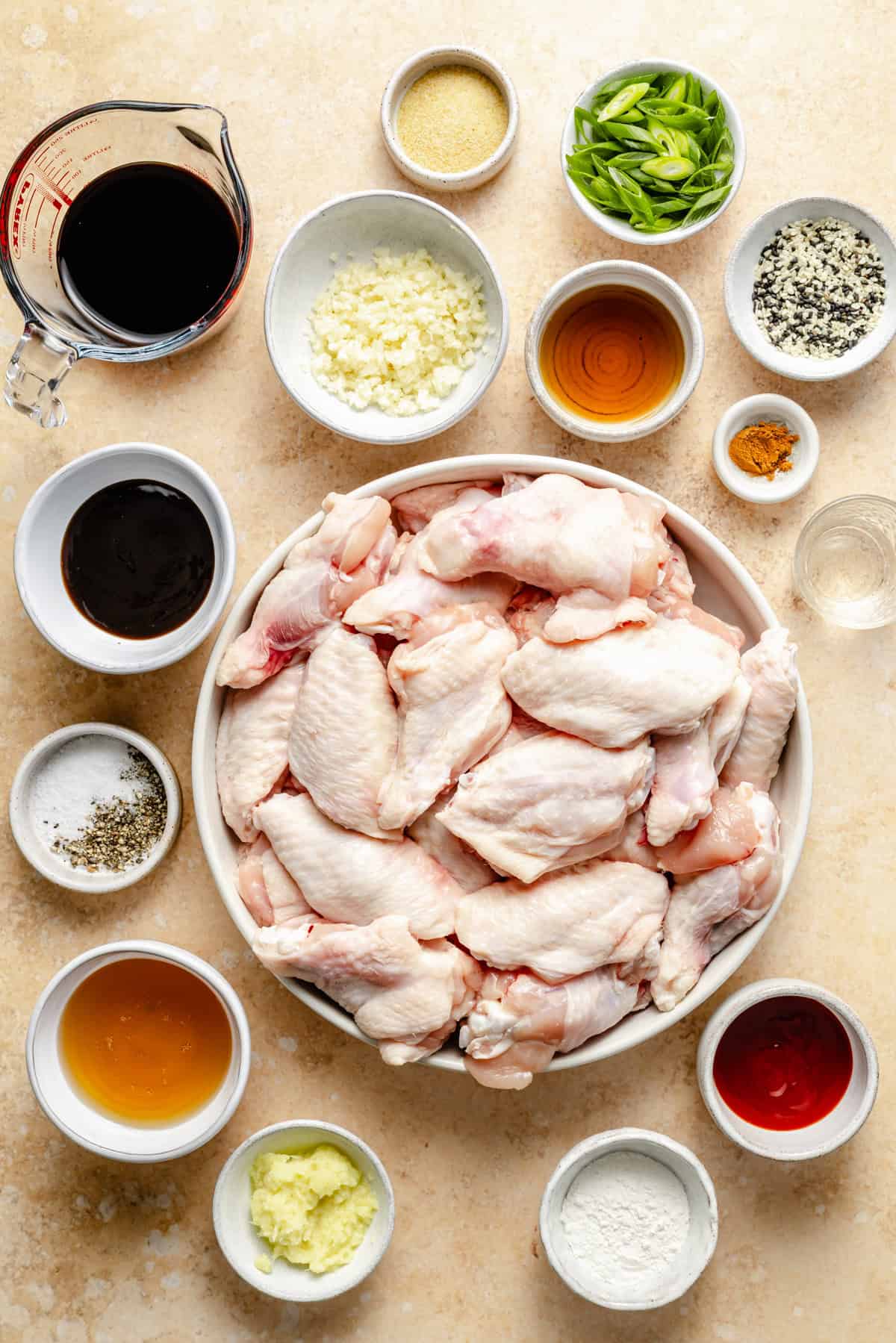 asian chicken wing ingredients on a counter.
