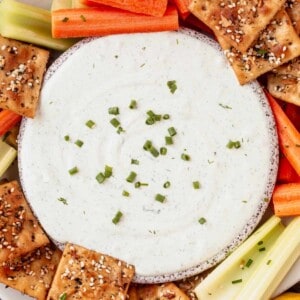 a bowl of ranch cottage cheese dip topped with chives