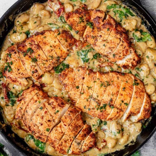 creamy chicken gnocchi in a skillet
