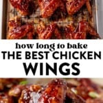 the best crispy, juicy chicken wings on a parchment covered baking sheet and then a pile of juicy crispy wings on a plate