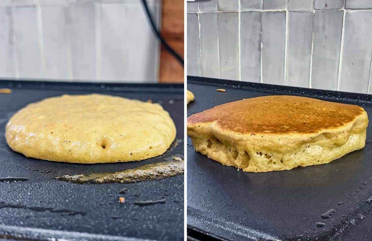 oat flour pancakes cooking on a griddle