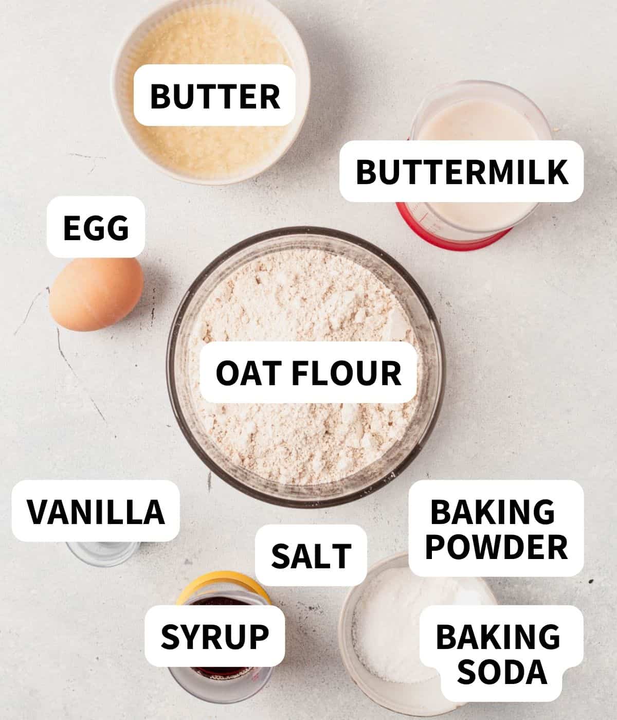 oat flour pancake ingredients on a countertop