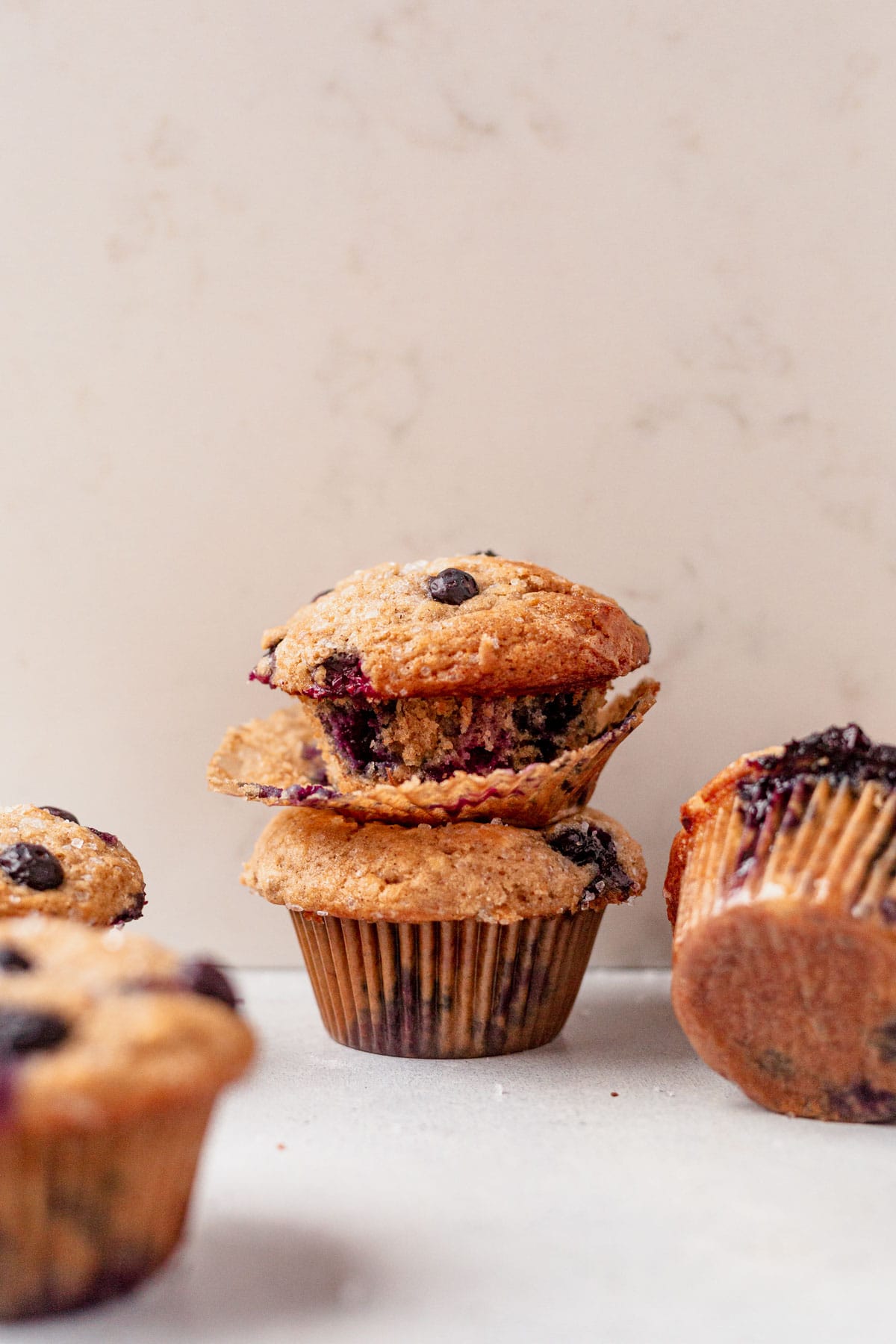 a stack of banana blueberrymuffins