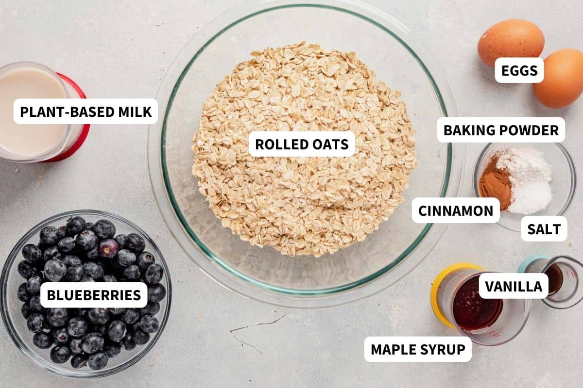 ingredients for blueberry baked oatmeal on a countertop