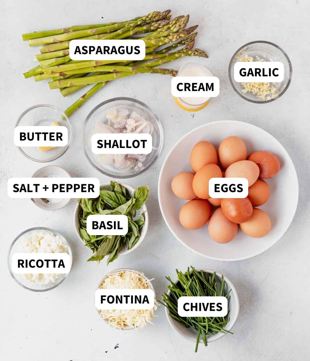 asparagus frittata ingredients on a countertop