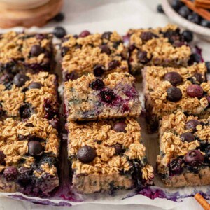 blueberry baked oatmeal cut into squares