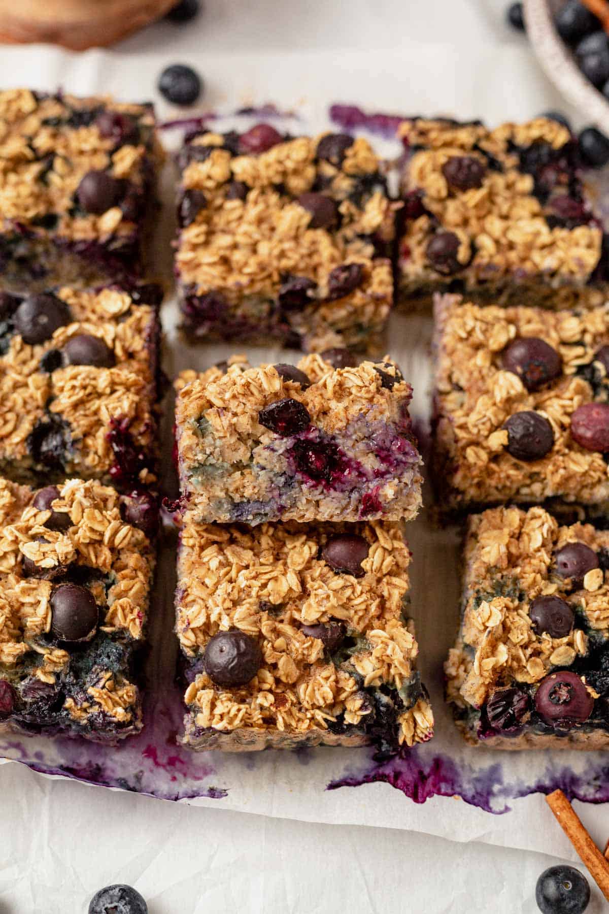 blueberry baked oatmeal cut into squares