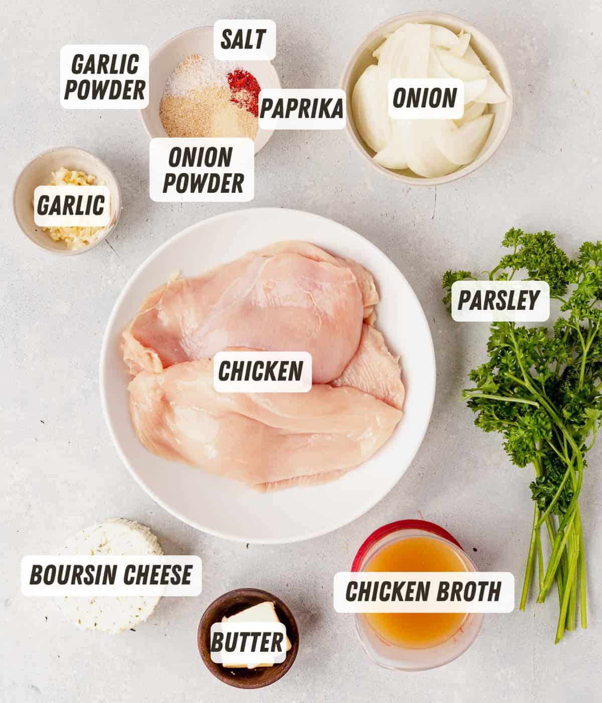 ingredients for boursin chicken on a countertop