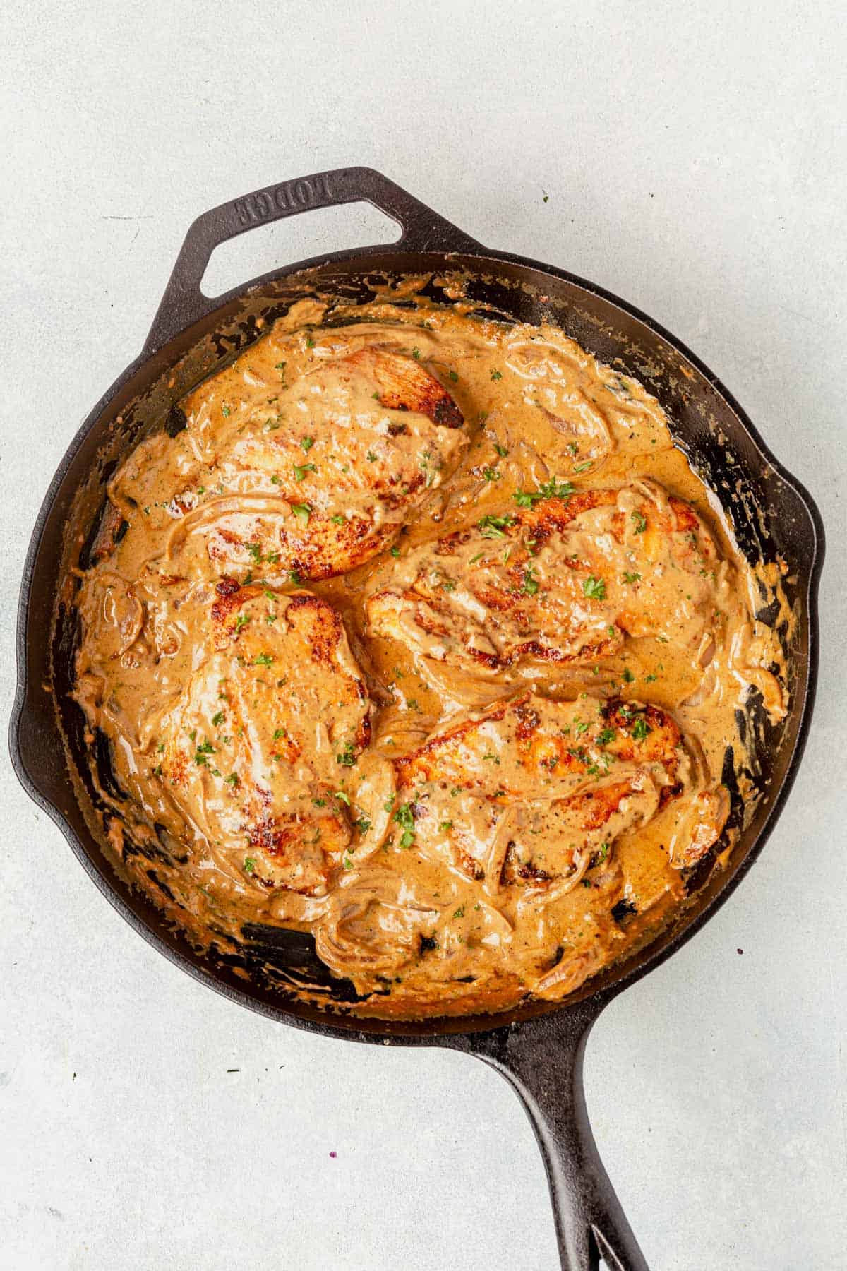 boursin chicken recipe completed in a cast iron pan