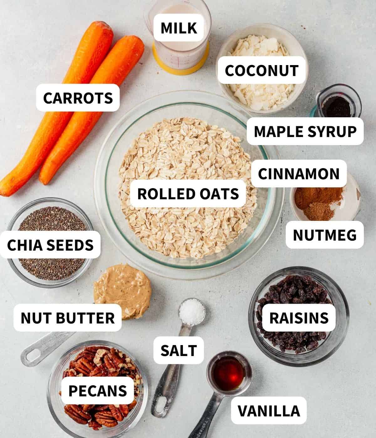 carrot cake overnight oats ingredients on a countertop