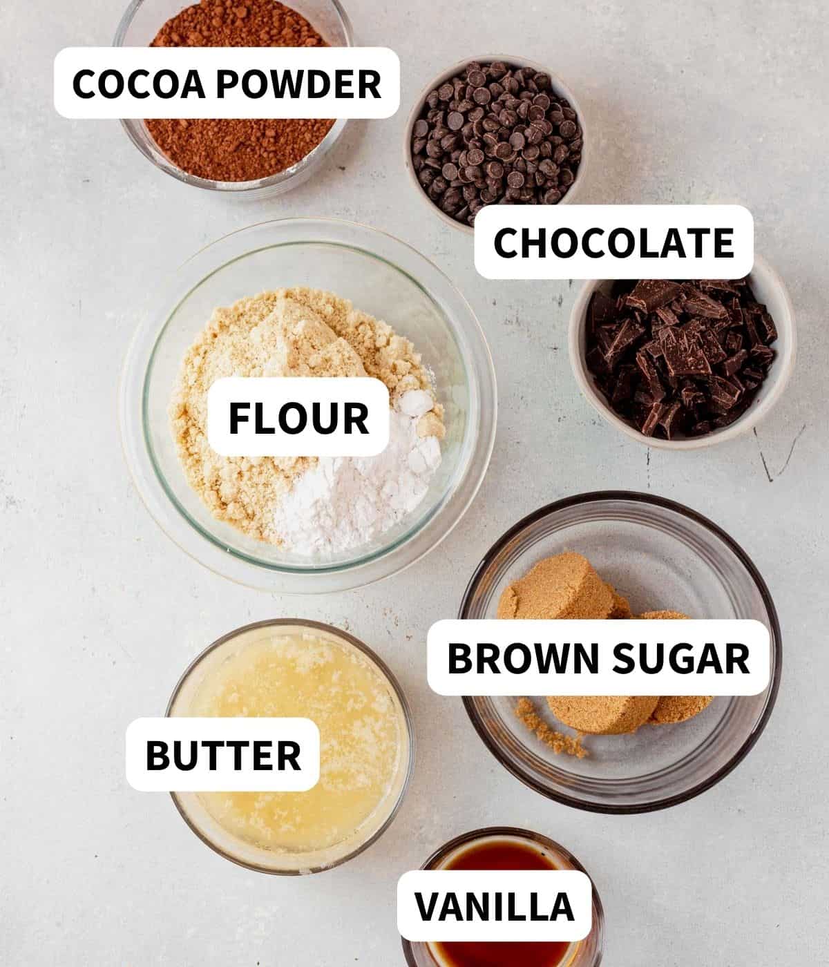 edible brownie batter ingredients on a countertop