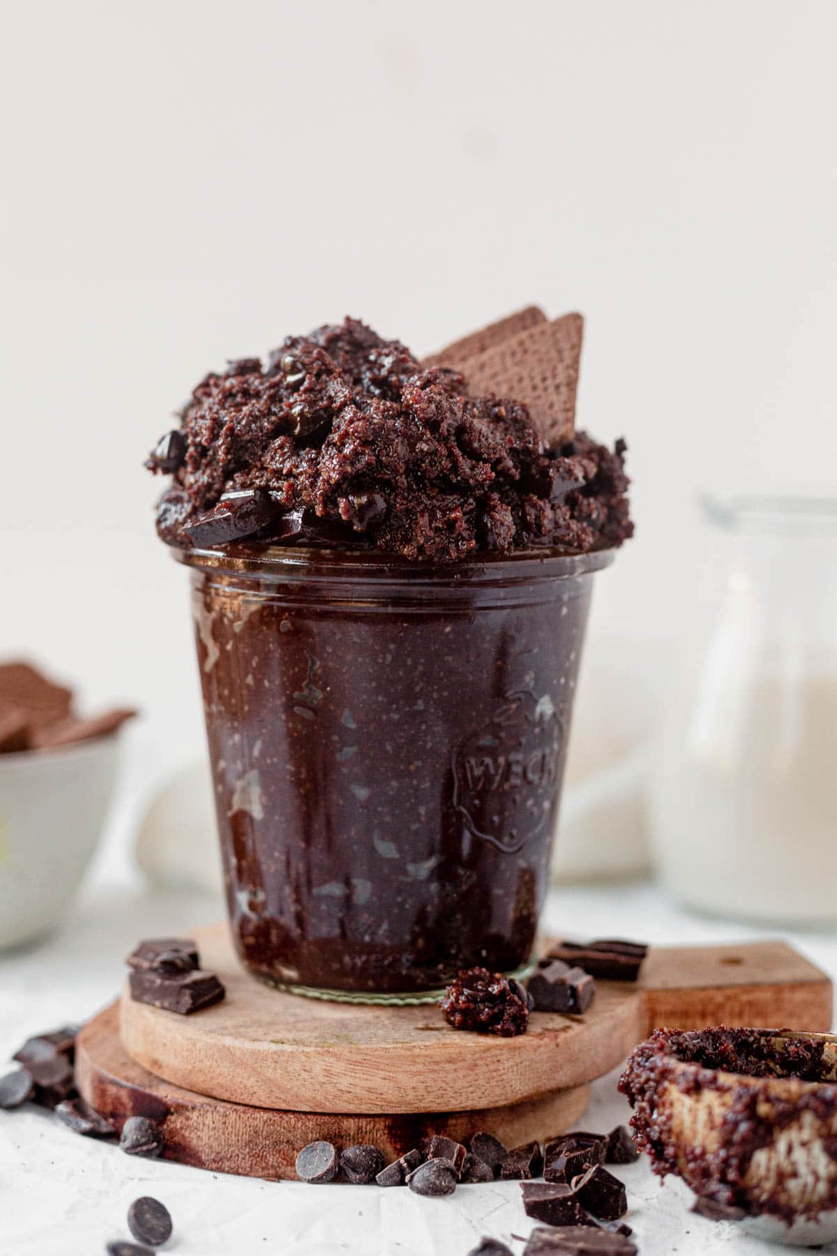 edible brownie batter in a glass jar