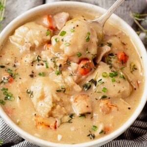 a bowl of gluten-free chicken and dumplings